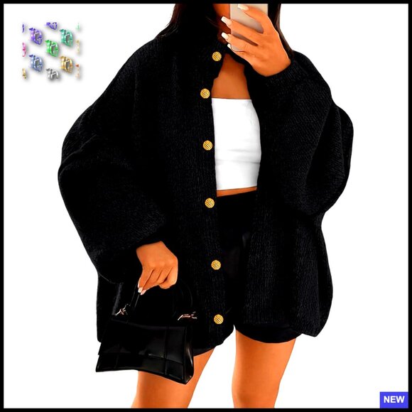 Oversized Chunky Knit Cardigan Lantern Sleeve Button Down Cozy Sweater - Picture 1 of 6